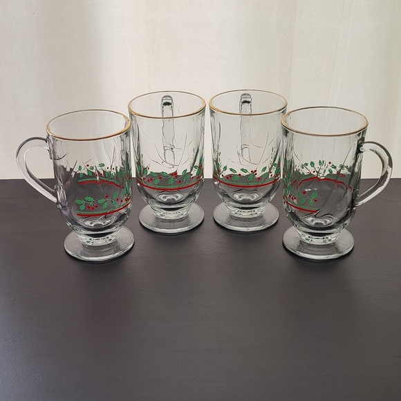 Vintage | Libbey Arby's 1987 Holly Berry glass Irish Coffee mugs with gold trim - Picture 4 of 16